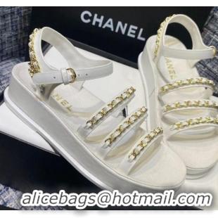 Stylish Chanel Calfskin Chain Strap Flat Sandals G37140 White 2021