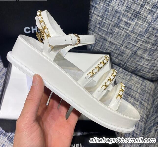 Stylish Chanel Calfskin Chain Strap Flat Sandals G37140 White 2021