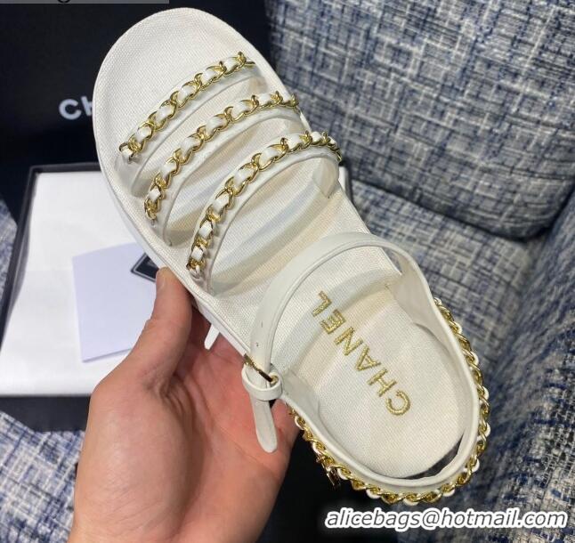 Stylish Chanel Calfskin Chain Strap Flat Sandals G37140 White 2021