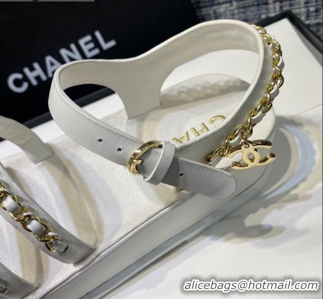 Stylish Chanel Calfskin Chain Strap Flat Sandals G37140 White 2021