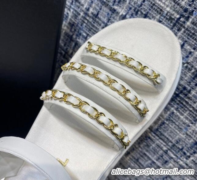 Stylish Chanel Calfskin Chain Strap Flat Sandals G37140 White 2021