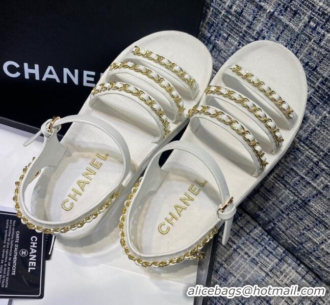 Stylish Chanel Calfskin Chain Strap Flat Sandals G37140 White 2021