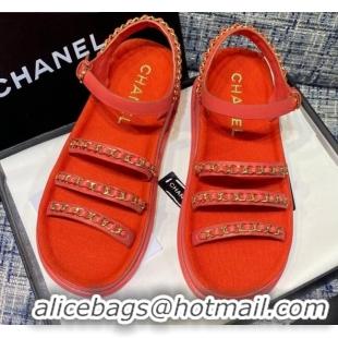 Crafted Chanel Calfskin Chain Strap Flat Sandals G37140 Red 2021