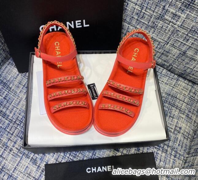 Crafted Chanel Calfskin Chain Strap Flat Sandals G37140 Red 2021