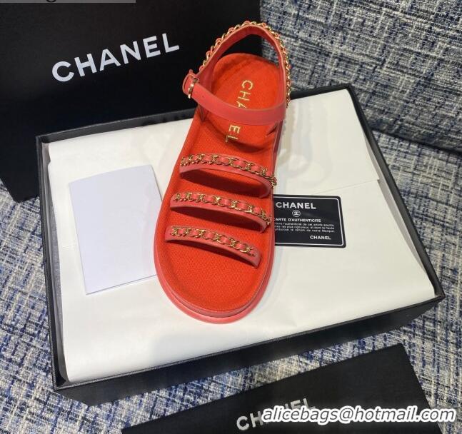 Crafted Chanel Calfskin Chain Strap Flat Sandals G37140 Red 2021