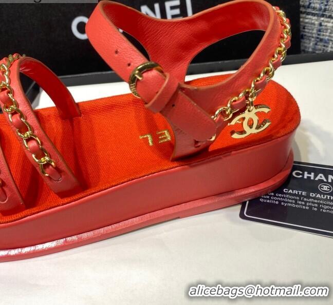 Crafted Chanel Calfskin Chain Strap Flat Sandals G37140 Red 2021