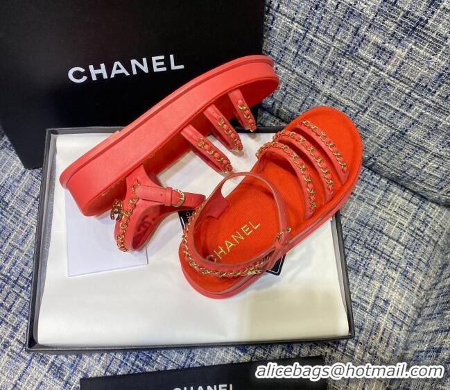 Crafted Chanel Calfskin Chain Strap Flat Sandals G37140 Red 2021