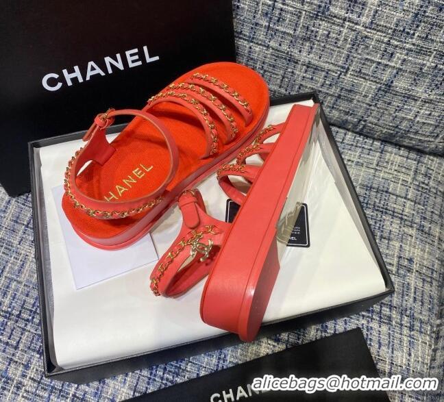 Crafted Chanel Calfskin Chain Strap Flat Sandals G37140 Red 2021