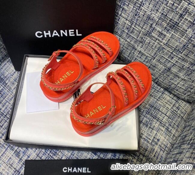 Crafted Chanel Calfskin Chain Strap Flat Sandals G37140 Red 2021