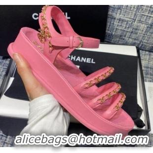 Top Grade Chanel Calfskin Chain Strap Flat Sandals G37140 Pink 2021