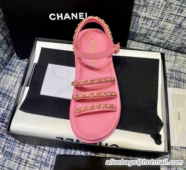 Top Grade Chanel Calfskin Chain Strap Flat Sandals G37140 Pink 2021