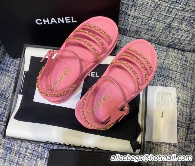 Top Grade Chanel Calfskin Chain Strap Flat Sandals G37140 Pink 2021