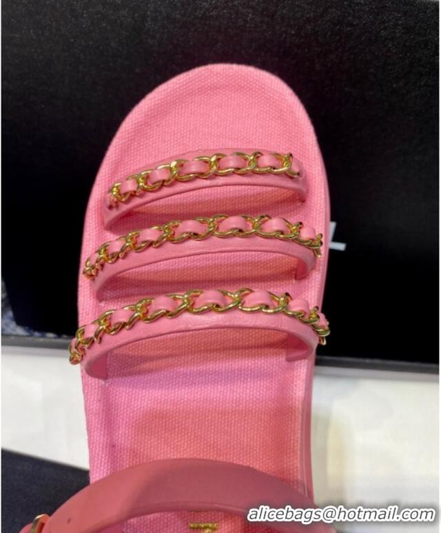 Top Grade Chanel Calfskin Chain Strap Flat Sandals G37140 Pink 2021