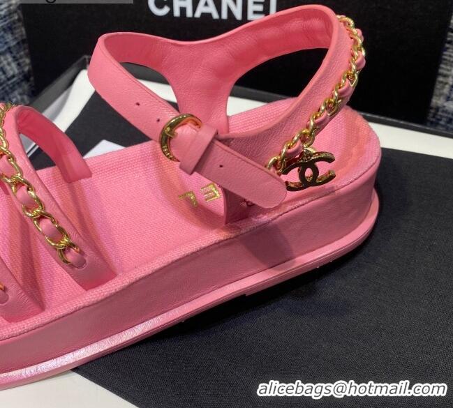 Top Grade Chanel Calfskin Chain Strap Flat Sandals G37140 Pink 2021