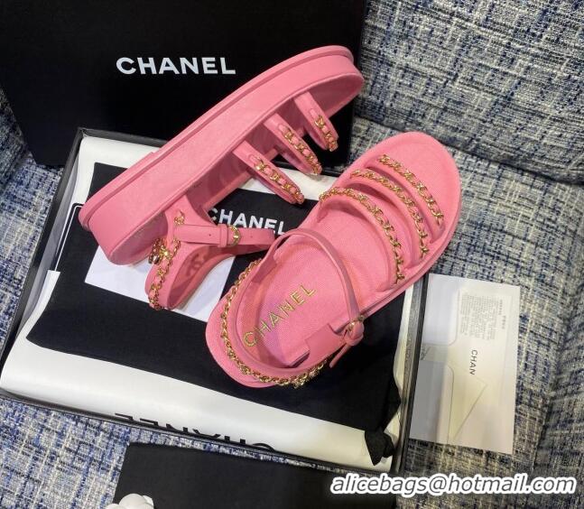 Top Grade Chanel Calfskin Chain Strap Flat Sandals G37140 Pink 2021