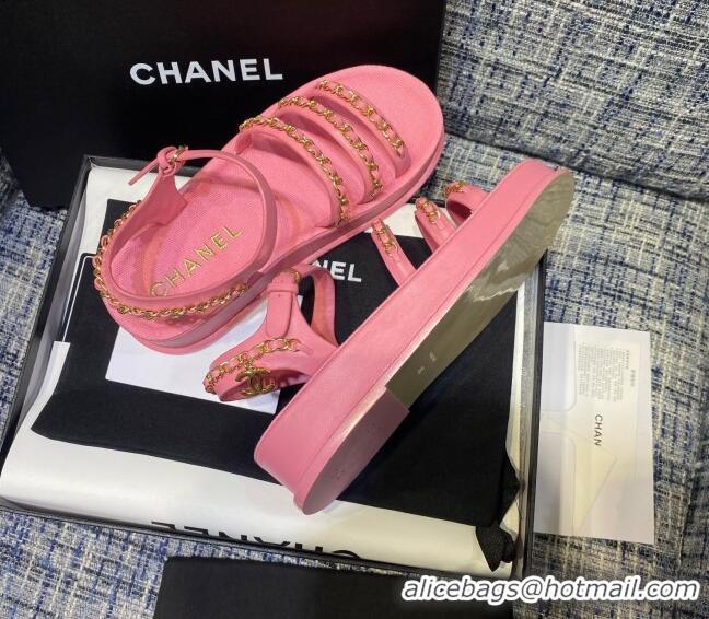 Top Grade Chanel Calfskin Chain Strap Flat Sandals G37140 Pink 2021