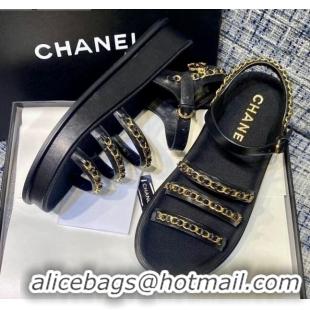 Pretty Style Chanel Calfskin Chain Strap Flat Sandals G37140 Black 2021