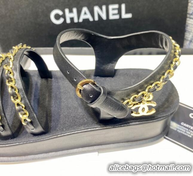 Pretty Style Chanel Calfskin Chain Strap Flat Sandals G37140 Black 2021