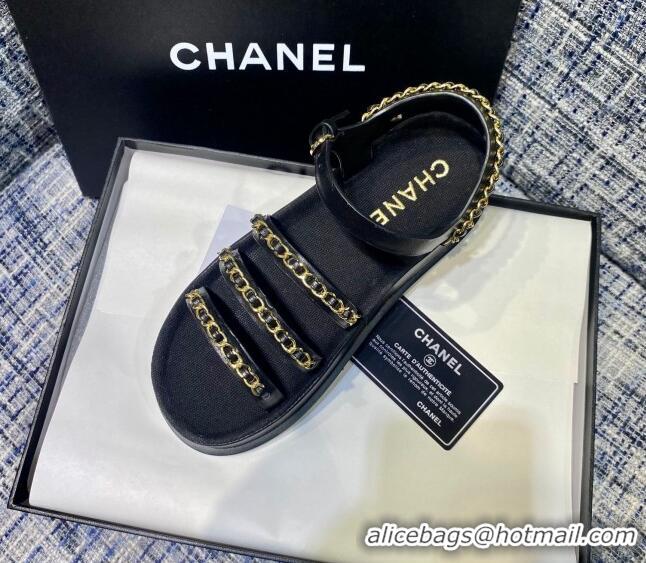 Pretty Style Chanel Calfskin Chain Strap Flat Sandals G37140 Black 2021