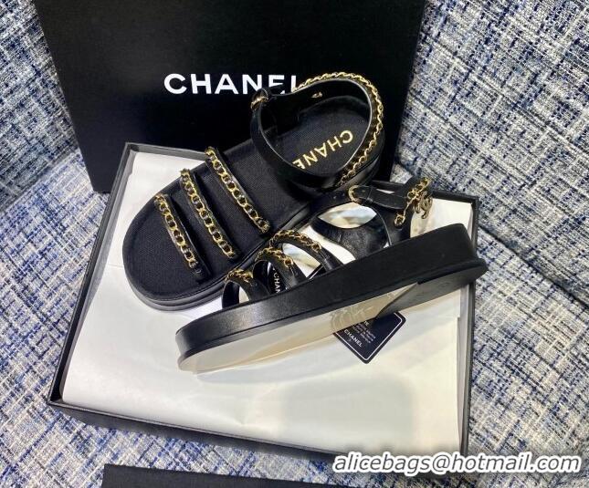 Pretty Style Chanel Calfskin Chain Strap Flat Sandals G37140 Black 2021