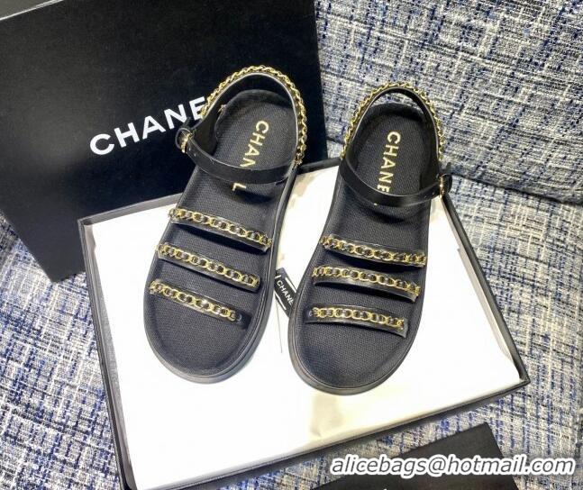 Pretty Style Chanel Calfskin Chain Strap Flat Sandals G37140 Black 2021