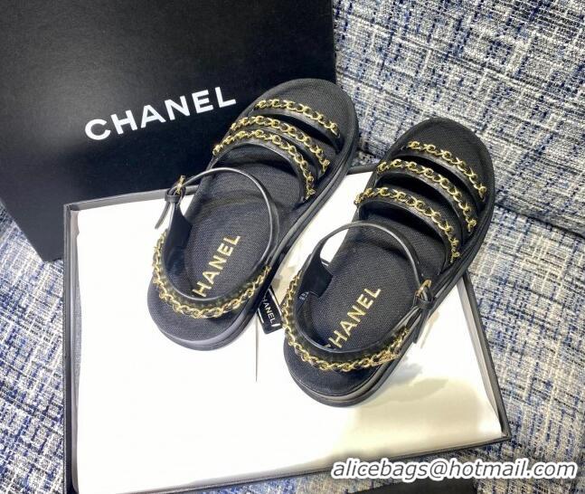 Pretty Style Chanel Calfskin Chain Strap Flat Sandals G37140 Black 2021