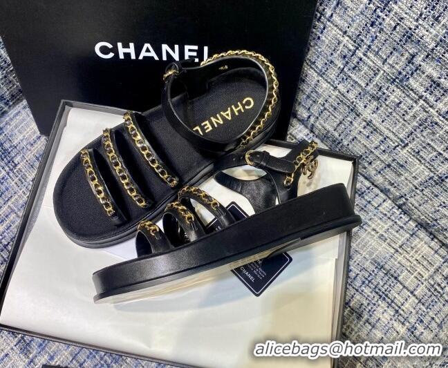 Pretty Style Chanel Calfskin Chain Strap Flat Sandals G37140 Black 2021