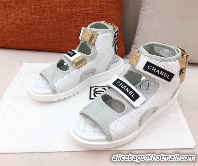 Best Grade Chanel Goatskin High-top Strap Flat Sandals G37231 White 2021