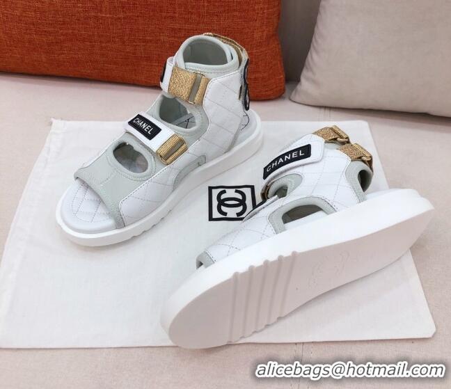 Best Grade Chanel Goatskin High-top Strap Flat Sandals G37231 White 2021