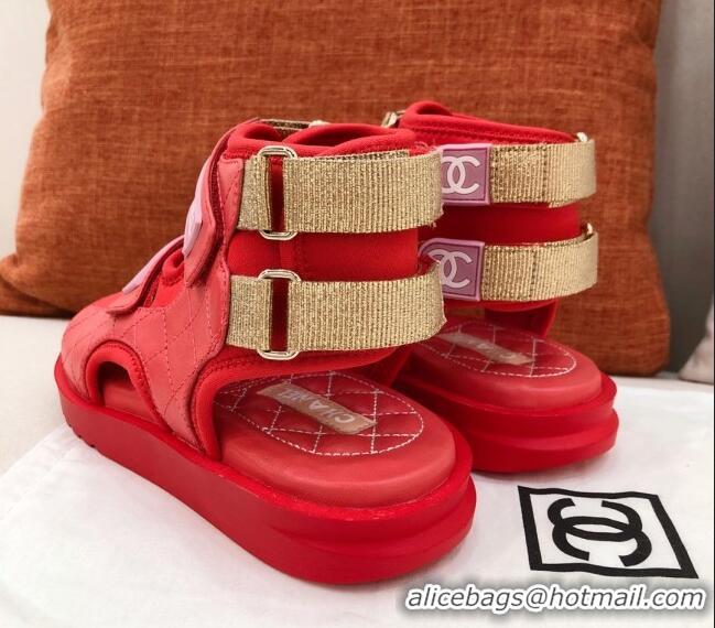 Inexpensive Chanel Goatskin High-top Strap Flat Sandals G37231 Red 2021