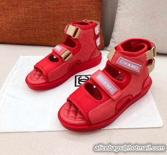 Inexpensive Chanel Goatskin High-top Strap Flat Sandals G37231 Red 2021