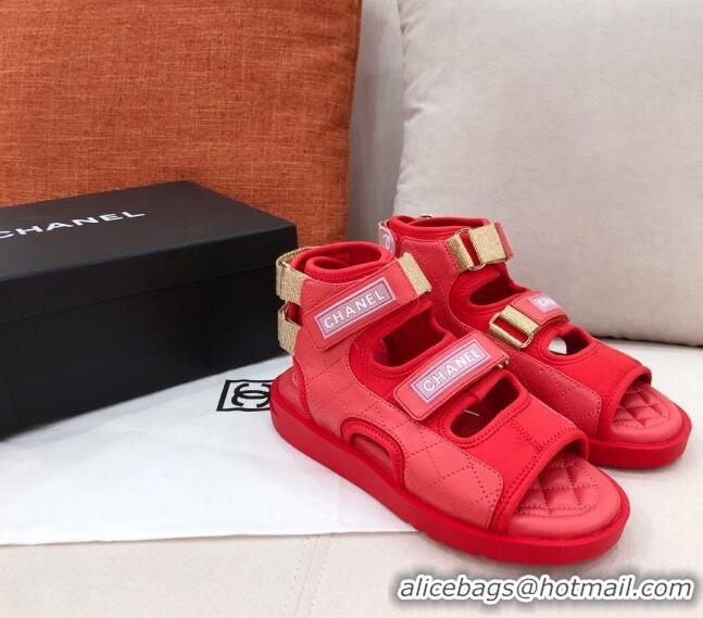 Inexpensive Chanel Goatskin High-top Strap Flat Sandals G37231 Red 2021