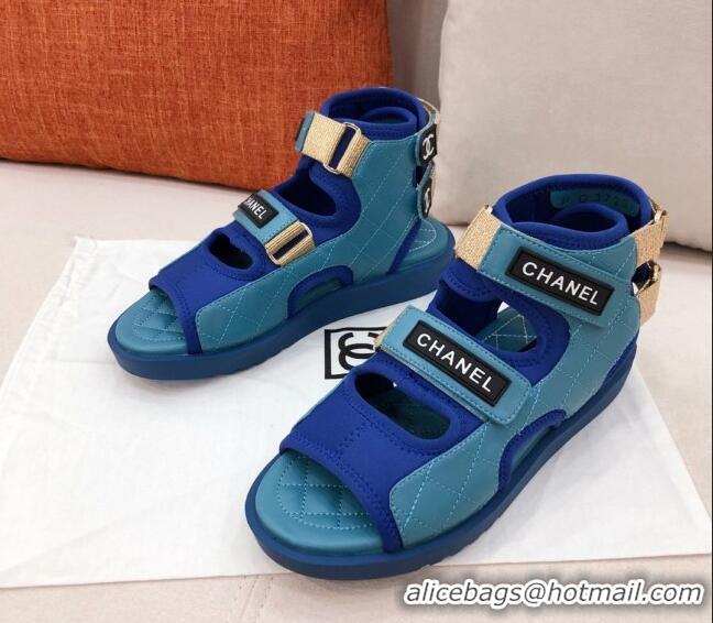 Perfect Chanel Goatskin High-top Strap Flat Sandals G37231 Blue 2021