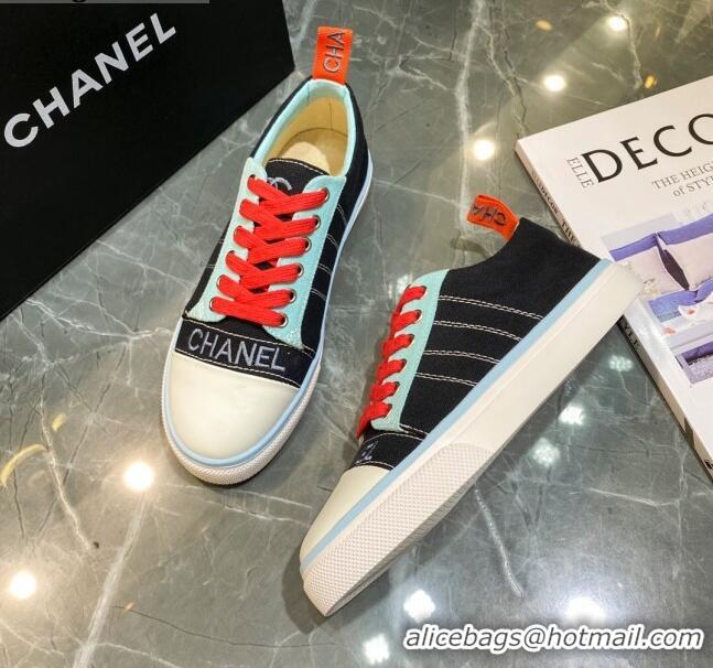 Top Quality Chanel Striped Canvas Sneakers CCS03 Black 2021