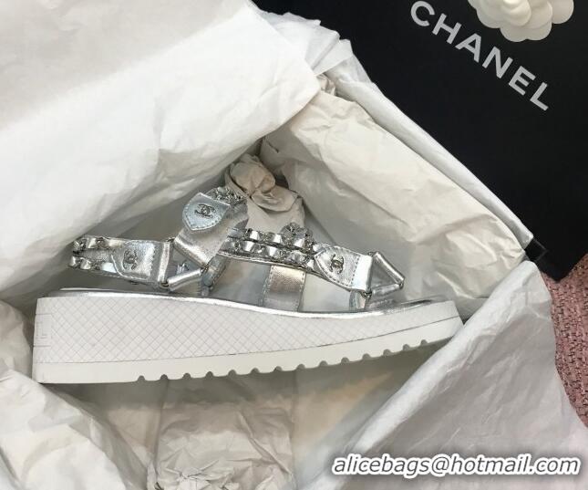 Popular Chanel Chain Flat Sandals CCFS002 Silver 2021