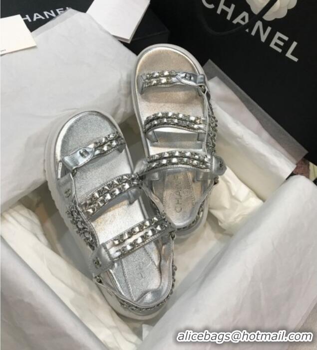 Popular Chanel Chain Flat Sandals CCFS002 Silver 2021