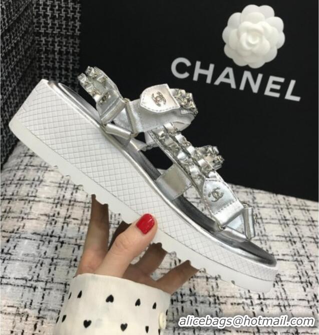 Popular Chanel Chain Flat Sandals CCFS002 Silver 2021