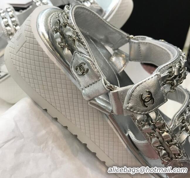 Popular Chanel Chain Flat Sandals CCFS002 Silver 2021