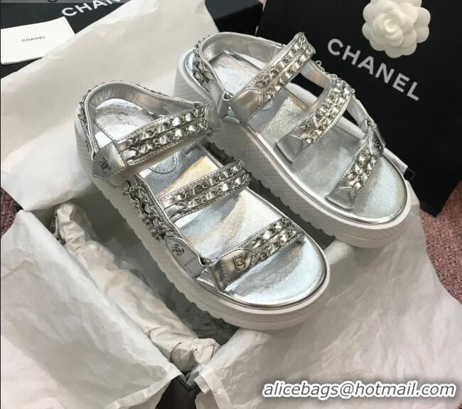 Popular Chanel Chain Flat Sandals CCFS002 Silver 2021