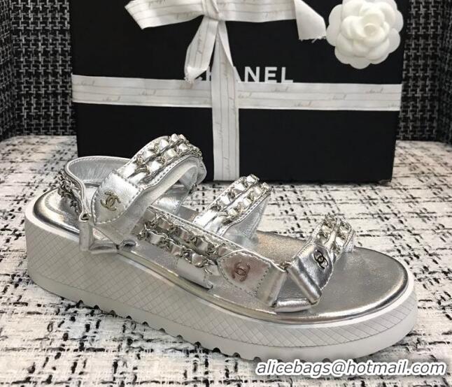 Popular Chanel Chain Flat Sandals CCFS002 Silver 2021