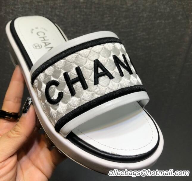 Good Quality Chanel Embroidered Slide Sandals G34826 White 2021