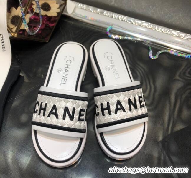 Good Quality Chanel Embroidered Slide Sandals G34826 White 2021