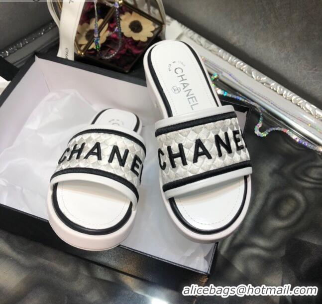 Good Quality Chanel Embroidered Slide Sandals G34826 White 2021