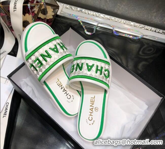 Best Design Chanel Embroidered Slide Sandals G34826 Green 2021 