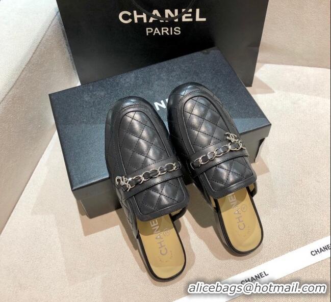 Classic Practical Chanel Lambskin CC Chain Flat Mules G37314 Black 2021