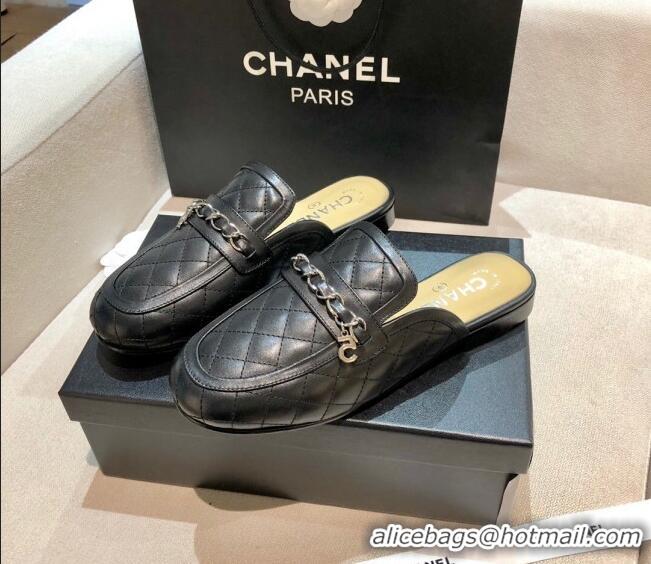 Classic Practical Chanel Lambskin CC Chain Flat Mules G37314 Black 2021