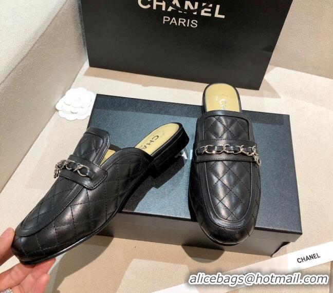 Classic Practical Chanel Lambskin CC Chain Flat Mules G37314 Black 2021