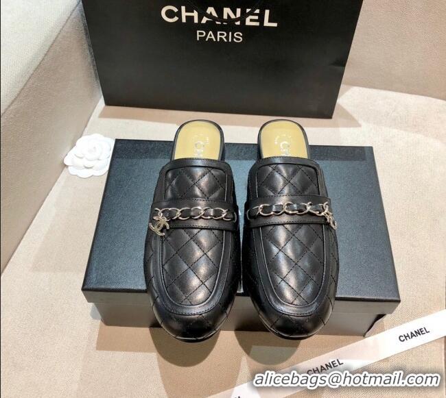 Classic Practical Chanel Lambskin CC Chain Flat Mules G37314 Black 2021