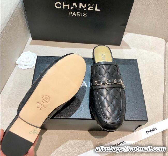 Classic Practical Chanel Lambskin CC Chain Flat Mules G37314 Black 2021