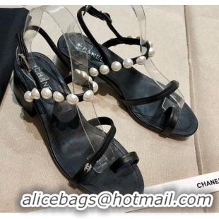 Cheap Design Chanel Lambskin Pearl Sandals G37272 Black 2021